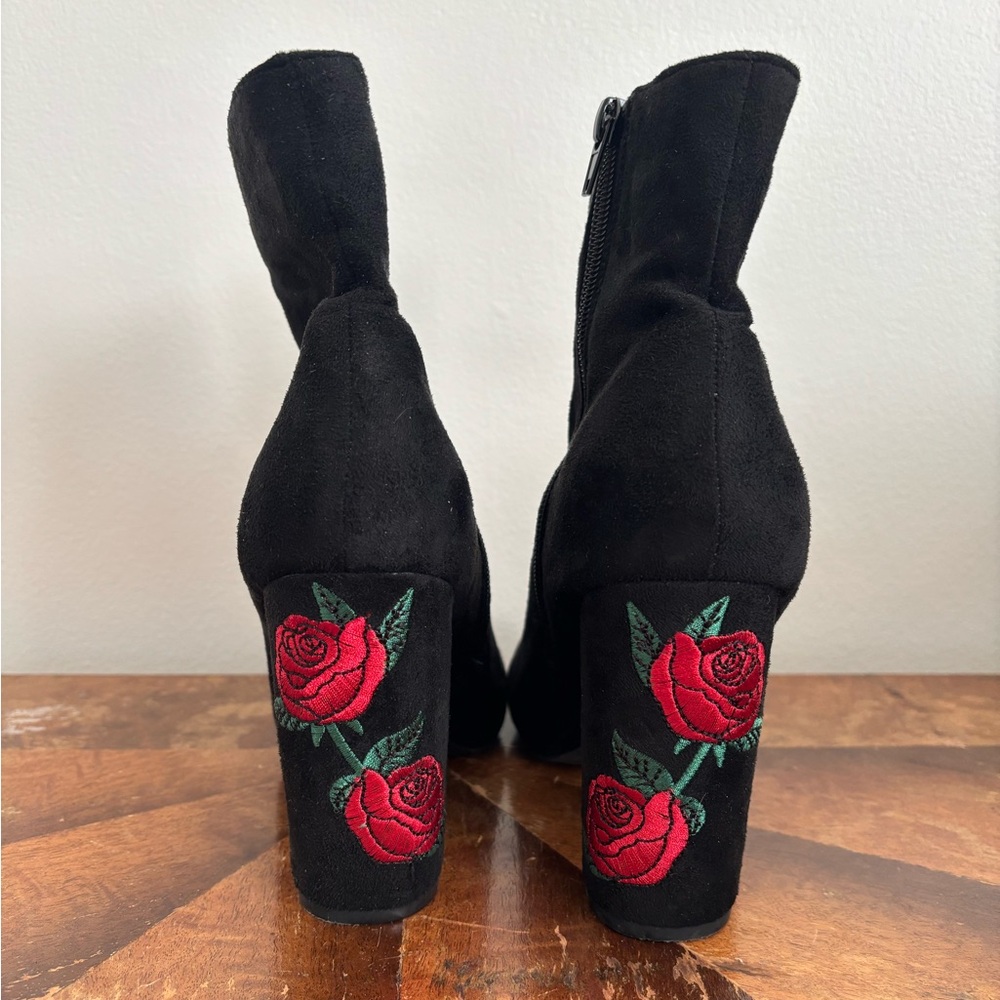 Black Suede 4in Boot Heels with Embroidered Roses on heel